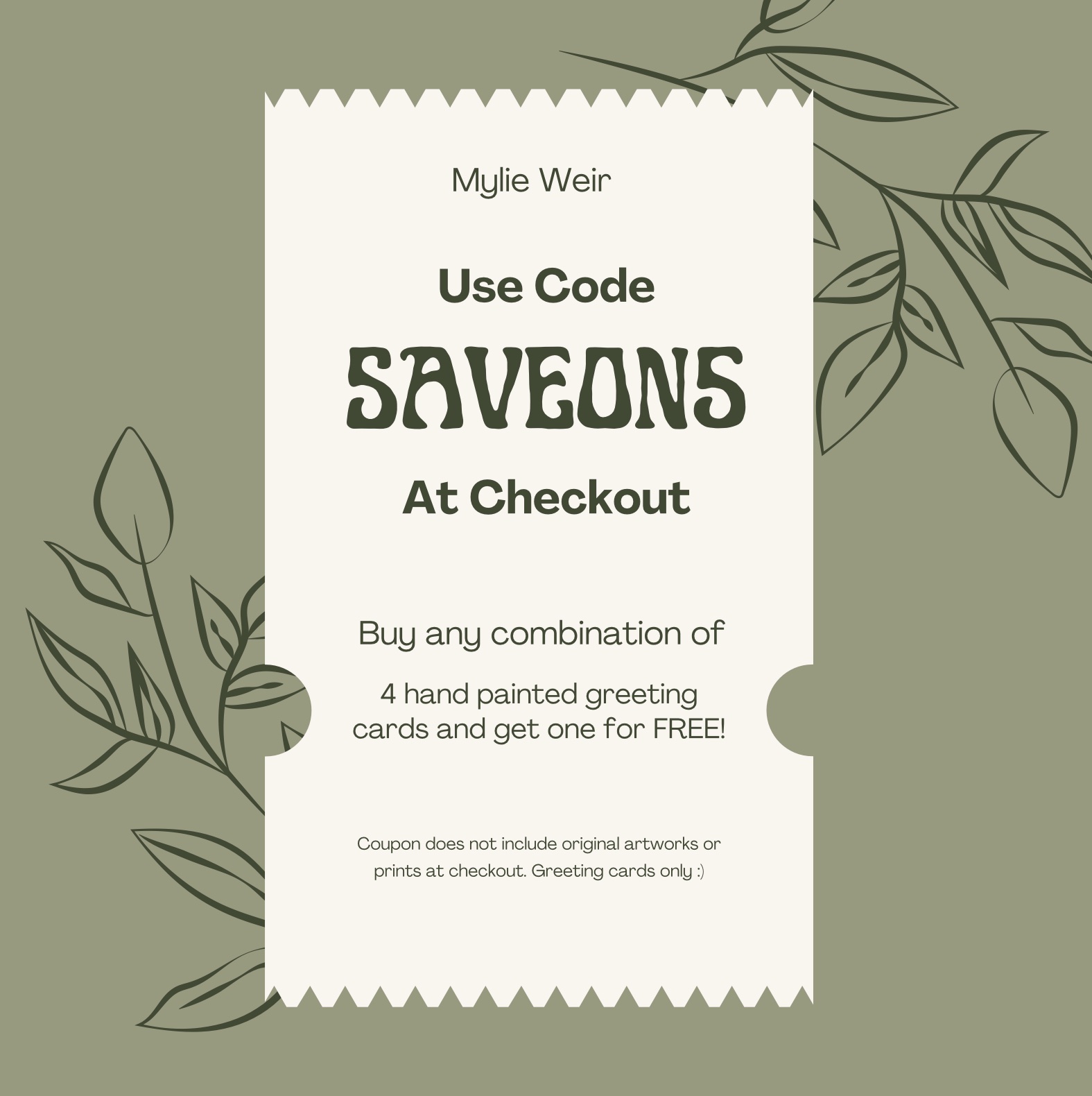 saveon5, buy 4 original hand painted greeting cards and get one free
