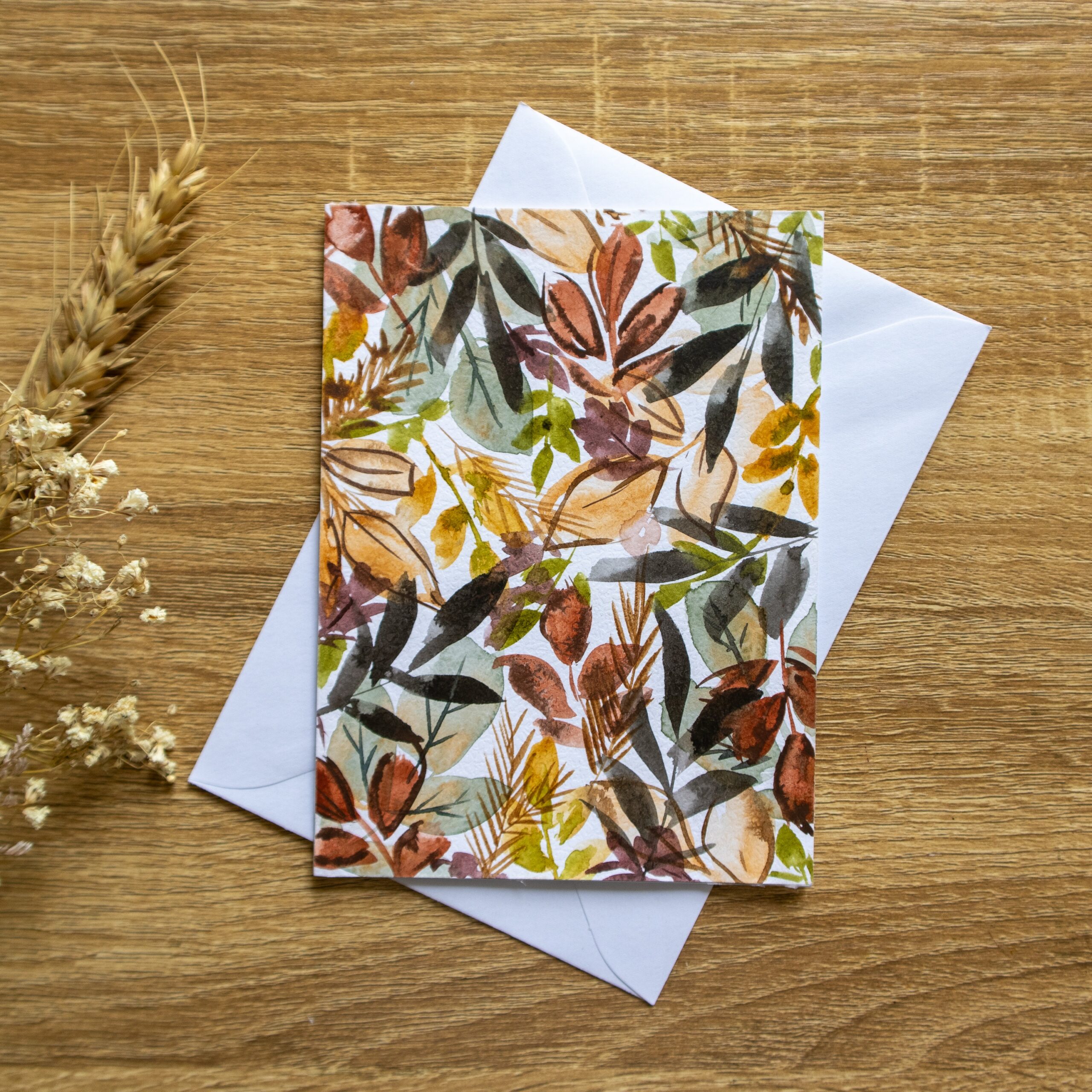 hand painted autumn leaves greeting card