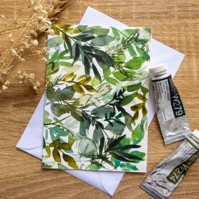 hand painted tropical leaves greeting card