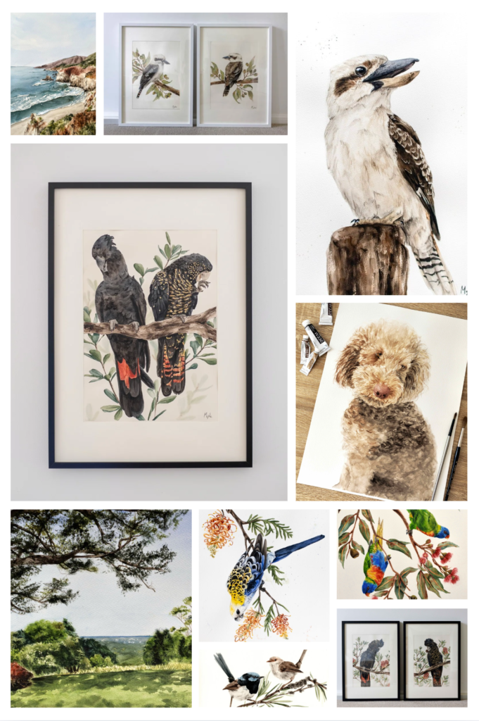 mylie weir recent 2026 artworks. kookaburra, red tailed black cockatoo, pet portrait, wildlife.
